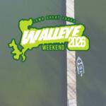 Aerial view of a pier extending into greenish water with a small boat nearby; overlaid is a bright neon-green logo reading 'WALLEYE WEEKEND 2026' for Iowa Great Lakes.