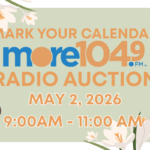 Poster for More1049 FM radio auction on May 2, 2026, 9:00–11:00 AM, featuring a microphone and flowers.