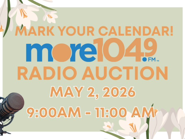 Poster for More1049 FM radio auction on May 2, 2026, 9:00–11:00 AM, featuring a microphone and flowers.