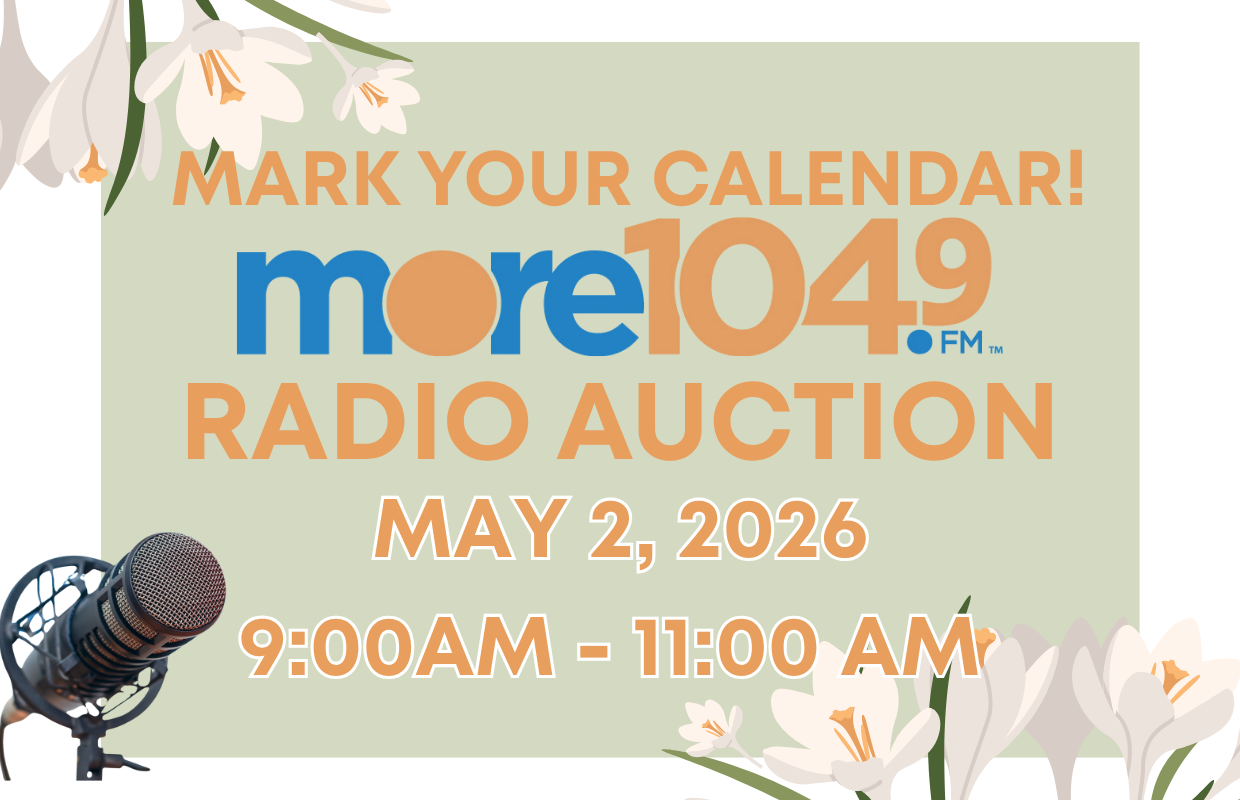 Poster for More1049 FM radio auction on May 2, 2026, 9:00–11:00 AM, featuring a microphone and flowers.