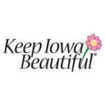 Keep Iowa Beautiful logo with italic black script and a pink flower on a green stem to the right