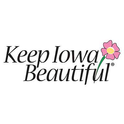 Keep Iowa Beautiful logo with italic black script and a pink flower on a green stem to the right
