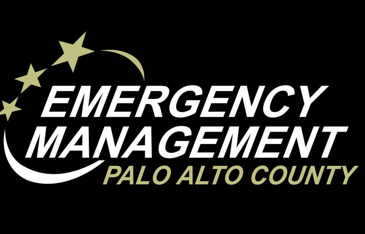 Logo for Palo Alto County Emergency Management: white bold text 'EMERGENCY MANAGEMENT' with olive green 'PALO ALTO COUNTY' on a black background, featuring a curved arc of stars and a crescent shape.
