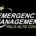 Logo for Palo Alto County Emergency Management: white bold text 'EMERGENCY MANAGEMENT' with olive green 'PALO ALTO COUNTY' on a black background, featuring a curved arc of stars and a crescent shape.