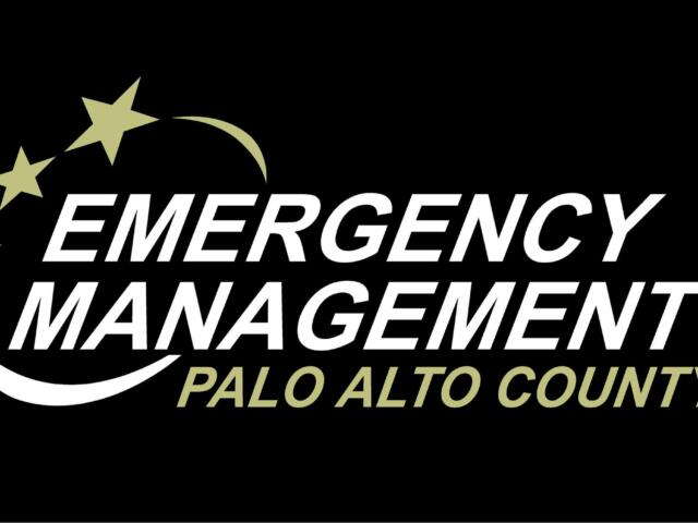 Logo for Palo Alto County Emergency Management: white bold text 'EMERGENCY MANAGEMENT' with olive green 'PALO ALTO COUNTY' on a black background, featuring a curved arc of stars and a crescent shape.