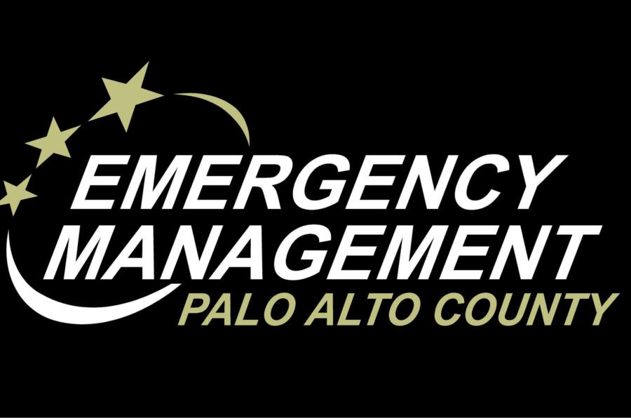 Logo for Palo Alto County Emergency Management: white bold text 'EMERGENCY MANAGEMENT' with olive green 'PALO ALTO COUNTY' on a black background, featuring a curved arc of stars and a crescent shape.
