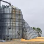 Tall corrugated metal grain silos with rust streaks and a collapsed top section against a gray sky; orange sand piles at the base suggest industrial site.