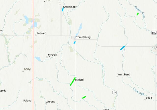Map of a rural Iowa region with blue and green route segments near Mallard, showing Ruthven and Emmetsburg along with roads and a red vertical highway line