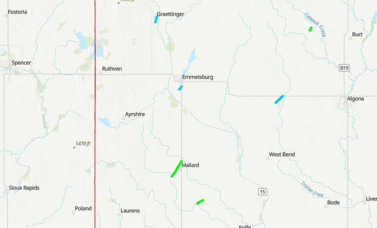 Map of a rural Iowa region with blue and green route segments near Mallard, showing Ruthven and Emmetsburg along with roads and a red vertical highway line