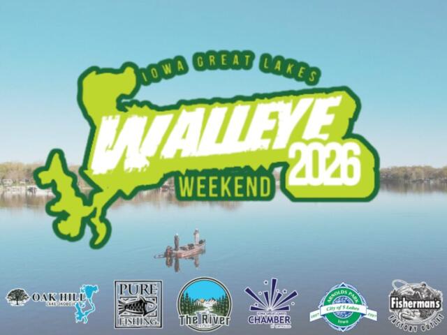 Promotional banner for Walleye Weekend 2026 on a calm lake, with sponsor logos along the bottom.