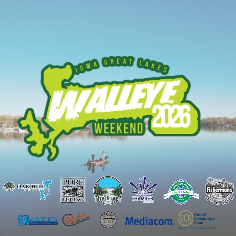 Promotional banner for Walleye Weekend 2026 on a calm lake, with sponsor logos along the bottom.