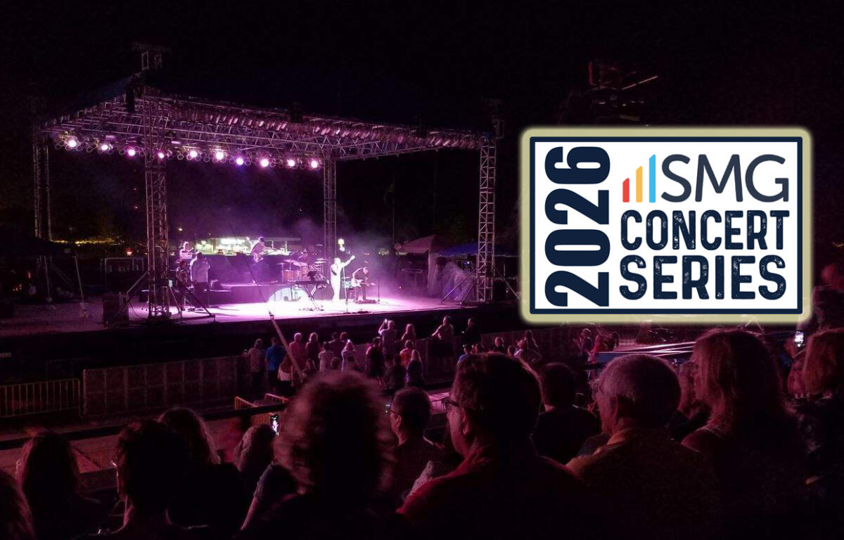 Night outdoor concert at night with a band on stage under purple lights and a cheering crowd; a 2026 SMG Concert Series sign overlays the right side.