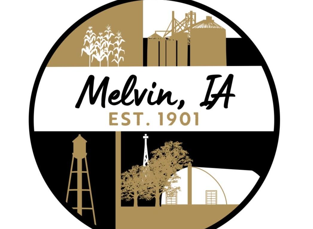 Melvin, IA town seal with crops, silos, water tower, and buildings, EST. 1901.