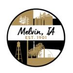 Melvin, IA town seal with crops, silos, water tower, and buildings, EST. 1901.
