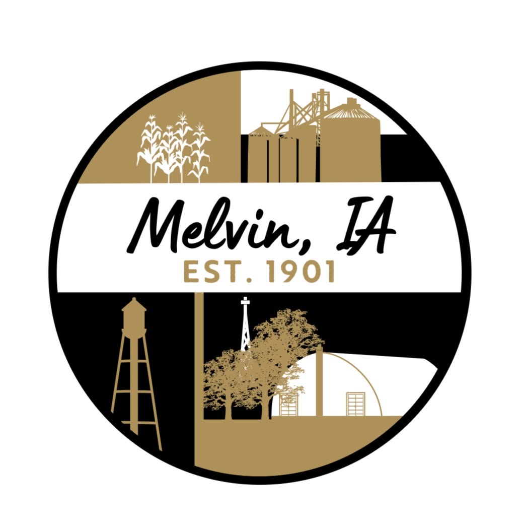 Melvin, IA town seal with crops, silos, water tower, and buildings, EST. 1901.
