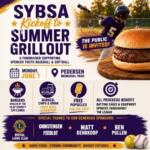 Event poster for SYBSA Kickoff to Summer Grillout fundraiser at Pedersen Memorial Park, with a burger and a baseball player.