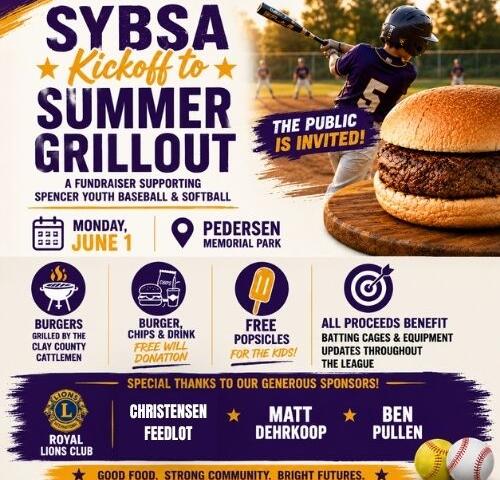 Event poster for SYBSA Kickoff to Summer Grillout fundraiser at Pedersen Memorial Park, with a burger and a baseball player.