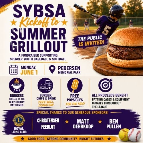Event poster for SYBSA Kickoff to Summer Grillout fundraiser at Pedersen Memorial Park, with a burger and a baseball player.