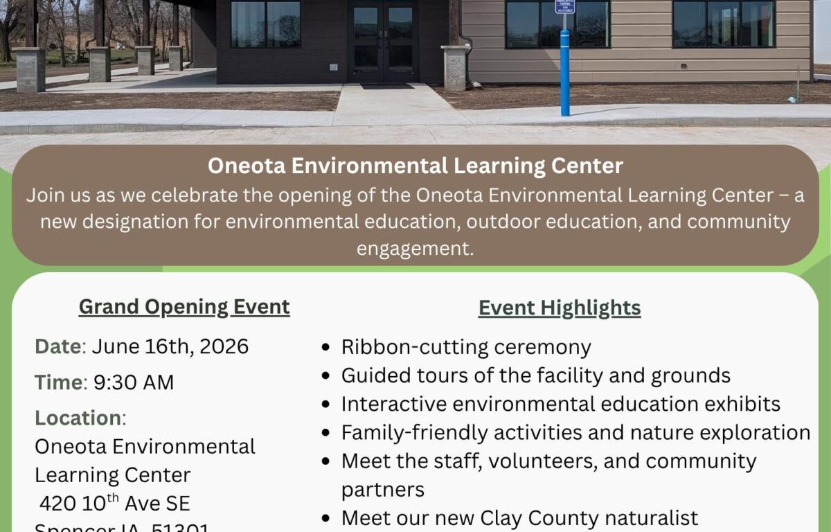 Poster inviting to the Oneota Environmental Learning Center Grand Opening, with event details and location.