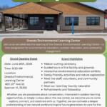 Poster inviting to the Oneota Environmental Learning Center Grand Opening, with event details and location.