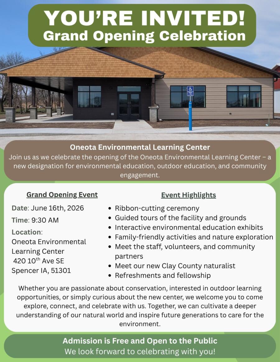 Poster inviting to the Oneota Environmental Learning Center Grand Opening, with event details and location.