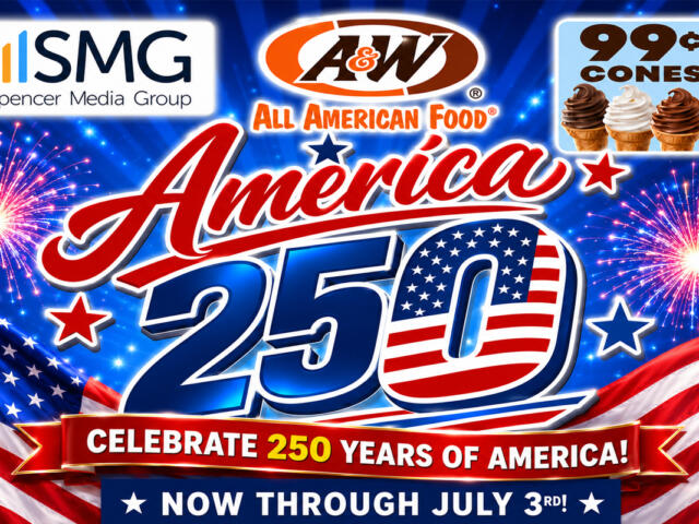 Promotional poster celebrating America’s 250th anniversary with fireworks, flags, and logos for SMG, A&W, and 99¢ cones.