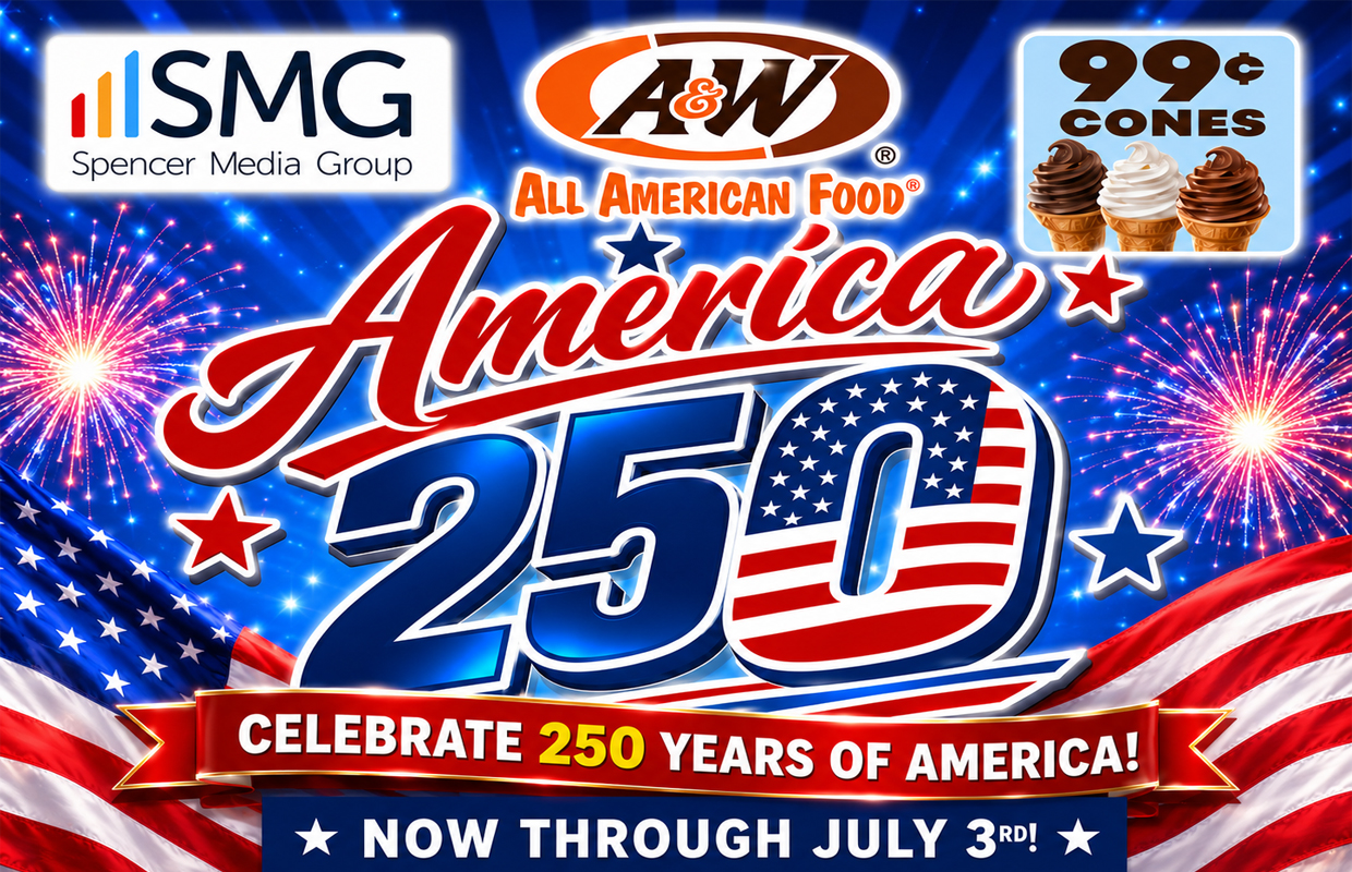 Promotional poster celebrating America’s 250th anniversary with fireworks, flags, and logos for SMG, A&W, and 99¢ cones.