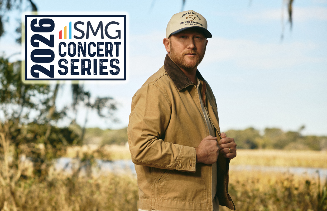 Promotional banner for the 2026 SMG Concert Series with a man in a tan jacket outdoors and the logo in the corner.
