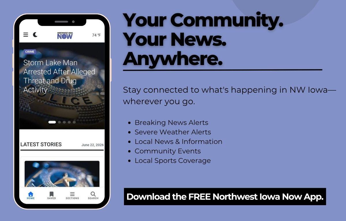 Promotional graphic for Northwest Iowa Now app: a smartphone showing the news app on a blue background with the headline 'Your Community. Your News. Anywhere.'