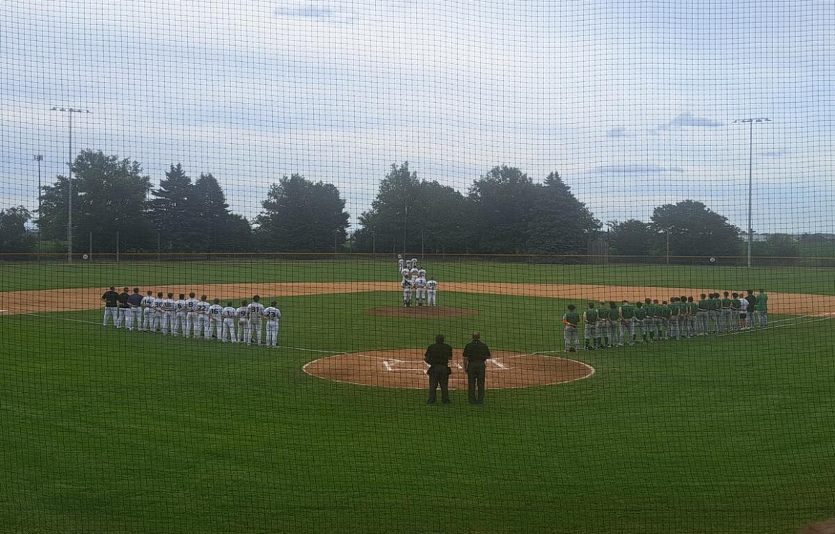 Baseball field scene with two teams lined up facing each other along the baselines; white uniforms on the left and green uniforms on the right, with two umpires standing near home plate.