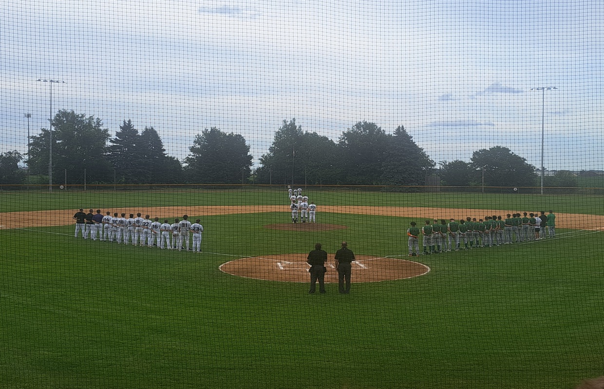 Baseball field scene with two teams lined up facing each other along the baselines; white uniforms on the left and green uniforms on the right, with two umpires standing near home plate.