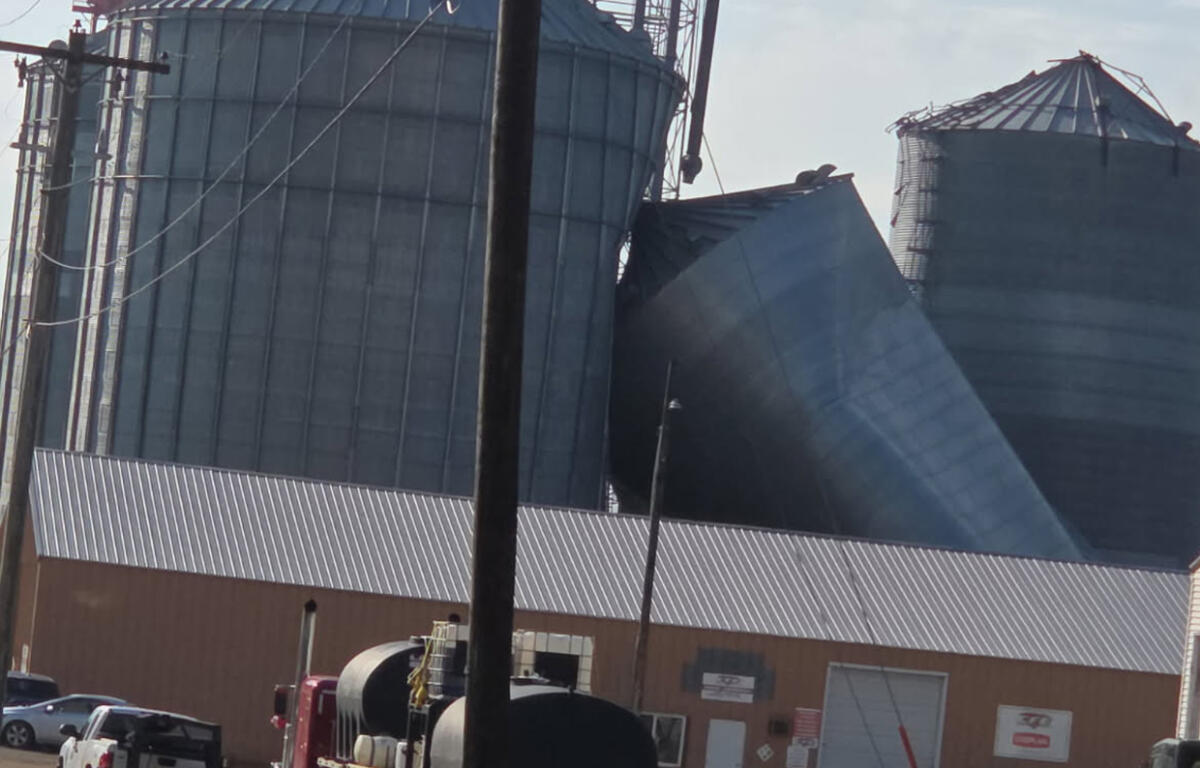 Tilted metal grain silo leaning against neighboring silos at an industrial facility, with a brown warehouse in the foreground and utility poles nearby.