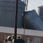 Tilted metal grain silo leaning against neighboring silos at an industrial facility, with a brown warehouse in the foreground and utility poles nearby.