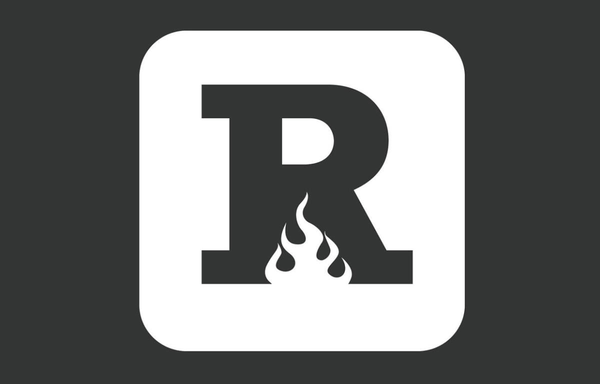 Logo showing a bold letter R with flames at the base, inside a white rounded-square on a dark background.