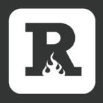 Logo showing a bold letter R with flames at the base, inside a white rounded-square on a dark background.