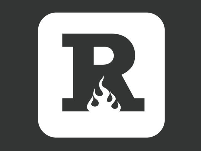 Logo showing a bold letter R with flames at the base, inside a white rounded-square on a dark background.