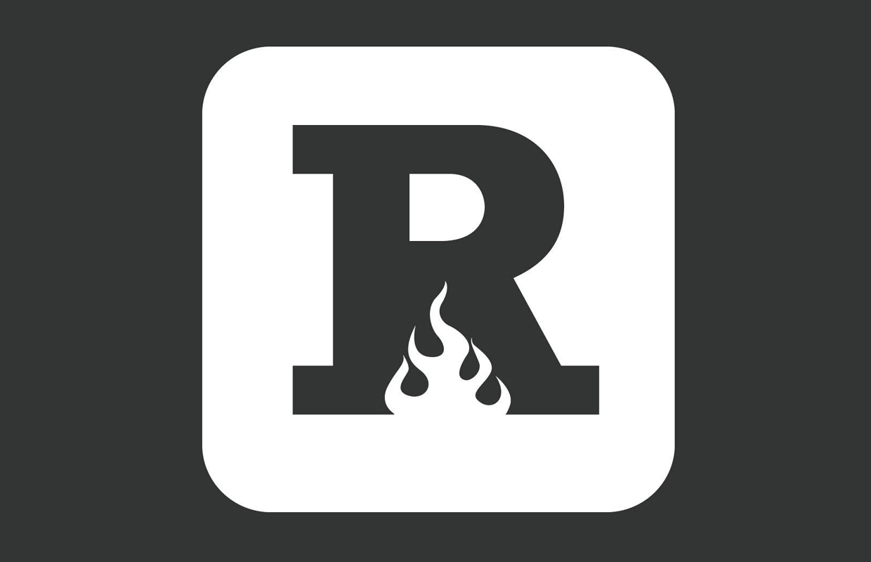 Logo showing a bold letter R with flames at the base, inside a white rounded-square on a dark background.