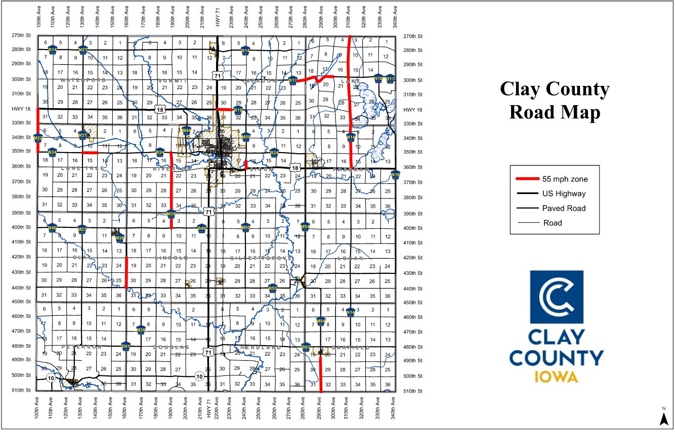 Clay County, Iowa road map showing highways, paved roads, and 55 mph zones (red), with blue rivers and a street grid; legend and Clay County logo on the right.