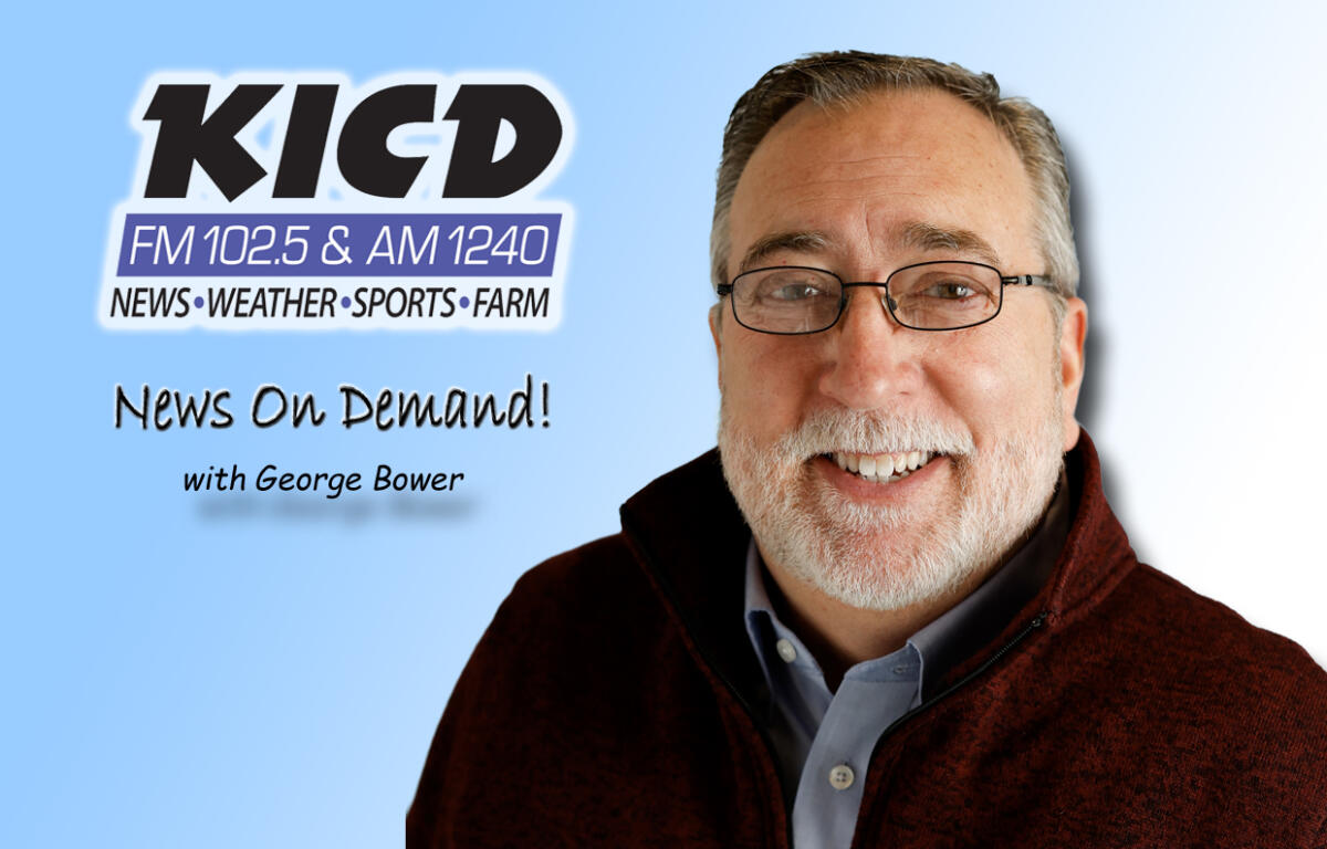 KICD News On Demand banner featuring host George Bower on a blue gradient background with the logo on the left and his portrait on the right.