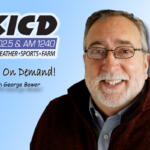 KICD News On Demand banner featuring host George Bower on a blue gradient background with the logo on the left and his portrait on the right.