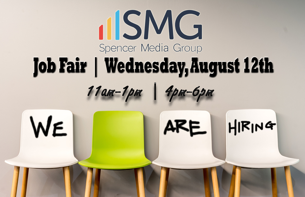 Job fair ad for Spencer Media Group; Aug 12, 11am–1pm and 4pm–6pm; chairs spell 'WE ARE HIRING'.