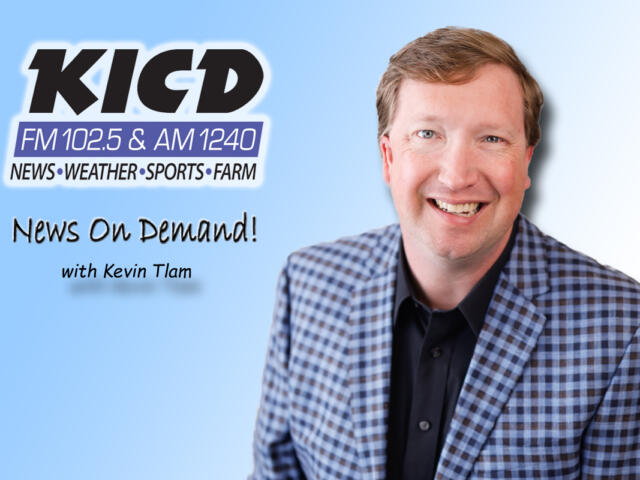 Promotional banner for KICK radio featuring a smiling man in a blue checkered blazer with text 'News On Demand! with Kevin Tlam' on a blue gradient background.