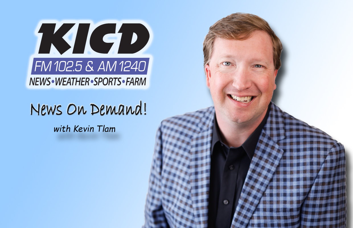 Promotional banner for KICK radio featuring a smiling man in a blue checkered blazer with text 'News On Demand! with Kevin Tlam' on a blue gradient background.