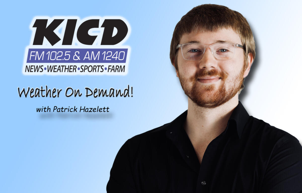 KICD radio banner with host Patrick Hazelett and the show title Weather On Demand! on a blue gradient background.