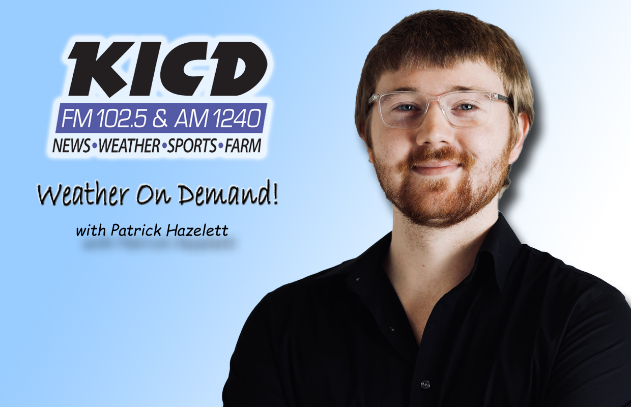 KICD radio banner with host Patrick Hazelett and the show title Weather On Demand! on a blue gradient background.
