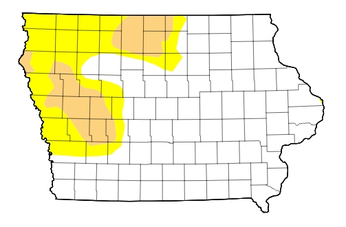 Western Iowa drought map: yellow and tan patches indicate drought-affected counties in the western region of the state.