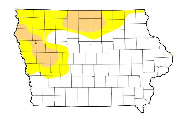 Map of Iowa counties with yellow and tan shaded regions in the northwest and north-central areas, likely indicating weather coverage or zones of interest.