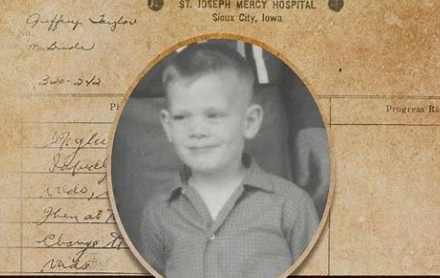 Vintage photograph of a smiling boy in a collared shirt, embedded in an old hospital record page.