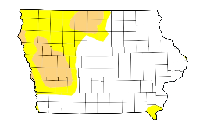 Map of Iowa with yellow and tan shading indicating drought zones predominantly in the western half of the state; white areas are unaffected.