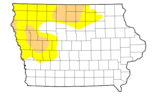 Iowa map highlighting drought in the northwest with yellow (moderate) and orange (severe) areas.